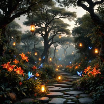The primary subject of the image is a pathway surrounded by a forest filled with trees and flowers. The setting is a lush, green environment with a serene atmosphere. The visual style is a digital art or illustration, creating a vibrant and detailed scene. The colors and mood are predominantly warm and inviting, with the pathway being illuminated by lanterns, adding a sense of warmth and tranquility to the scene.
